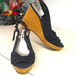 American Eagle Black Denim Sling Back Wedges